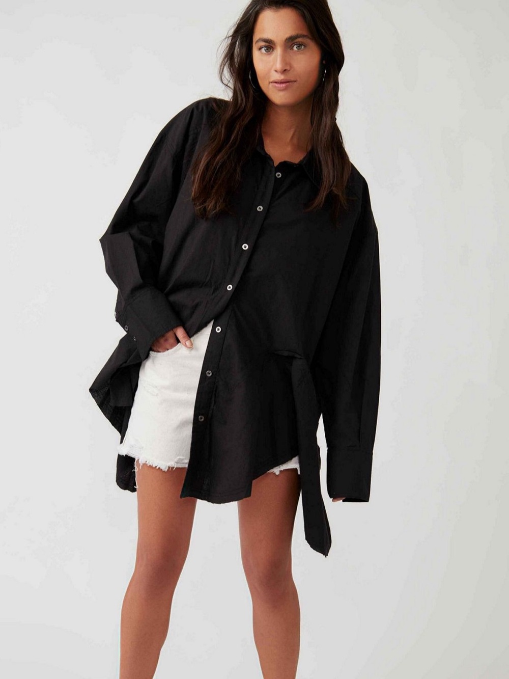 Free People Freya Poplin Tunic Size Large Black Button Front